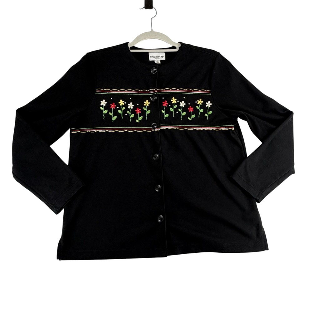 Breckenridge Floral Embroidered Button Down Cardigan Women Medium Petite Black